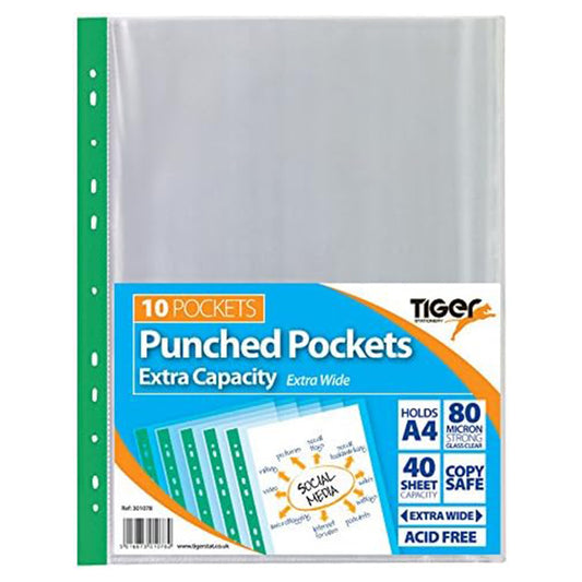 Tiger 10 x A4 Extra Capacity SINGLE Large Punched Pockets