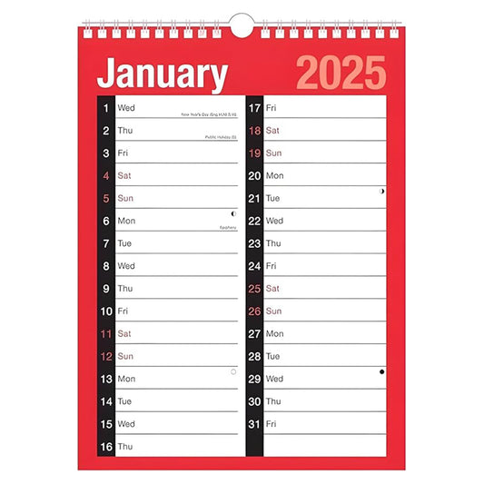HUNEY BUNNY 2025 Calendar, Planners & Organisers, Wall Planners, Holidays, Notable Dates, Large Print Wall Planner, Spiral Bound, home, office monthly clear Planner