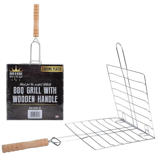 Stylish Chrome Plated BBQ Grill With Wooden Handle - 20cm x 20cm (1 Pc.) - Durable Quality - Ideal for Outdoor Cookouts, Silver